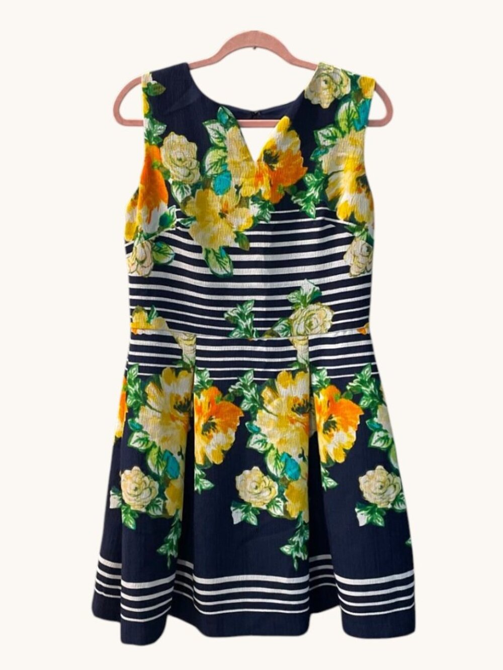 Gabby Skye Navy Blue Stripe Yellow Floral Sleeveless Fit & Flare Dress size 14